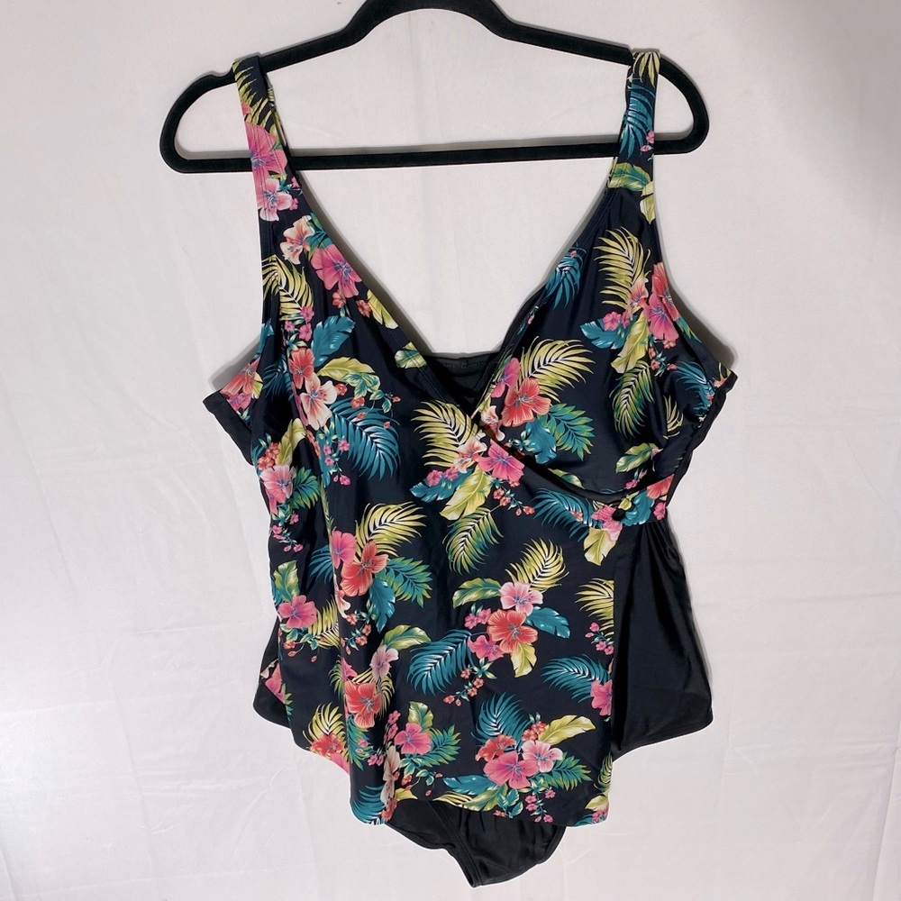 Krista Black W Tropical Floral Print Front One Piece Bathing Suit Swimsuit 24W